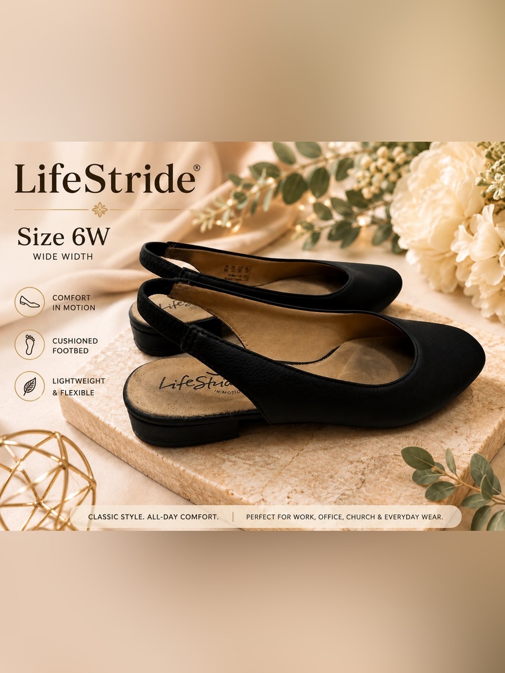 LifeStride Black Slingback Flats Women’s Size 6W Wide Comfort Low Heel Shoes